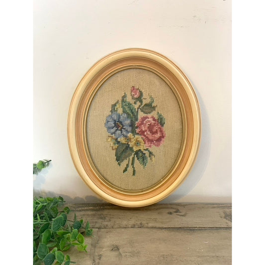 Vintage Floral Needlepoint Art in Oval Frame Hand Stitched Wall Art Cottagecore Romantic Shabby Chic