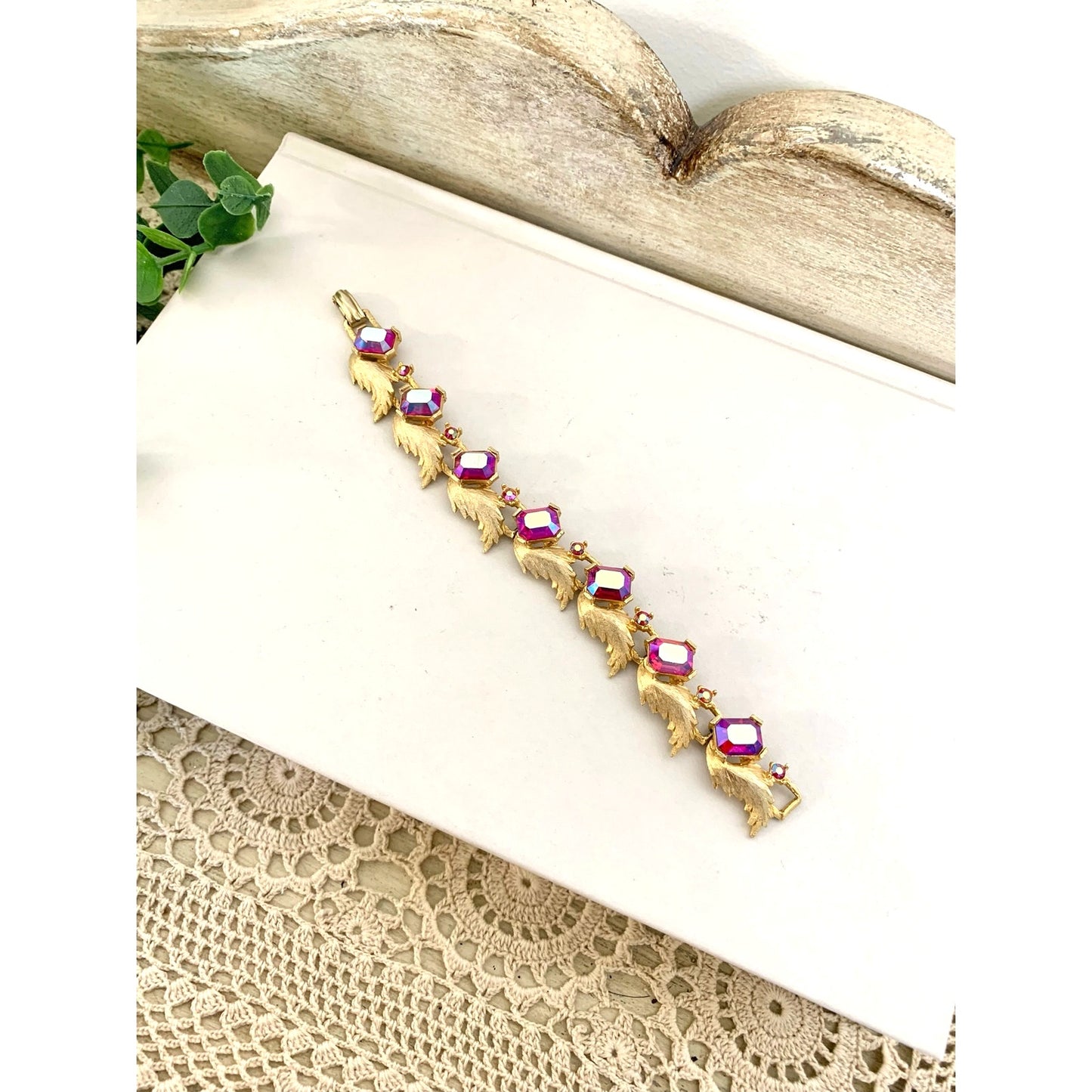 Vintage Pink Aurora Borealis Rhinestone Bracelet Gold Leaf Statement Jewelry Glam