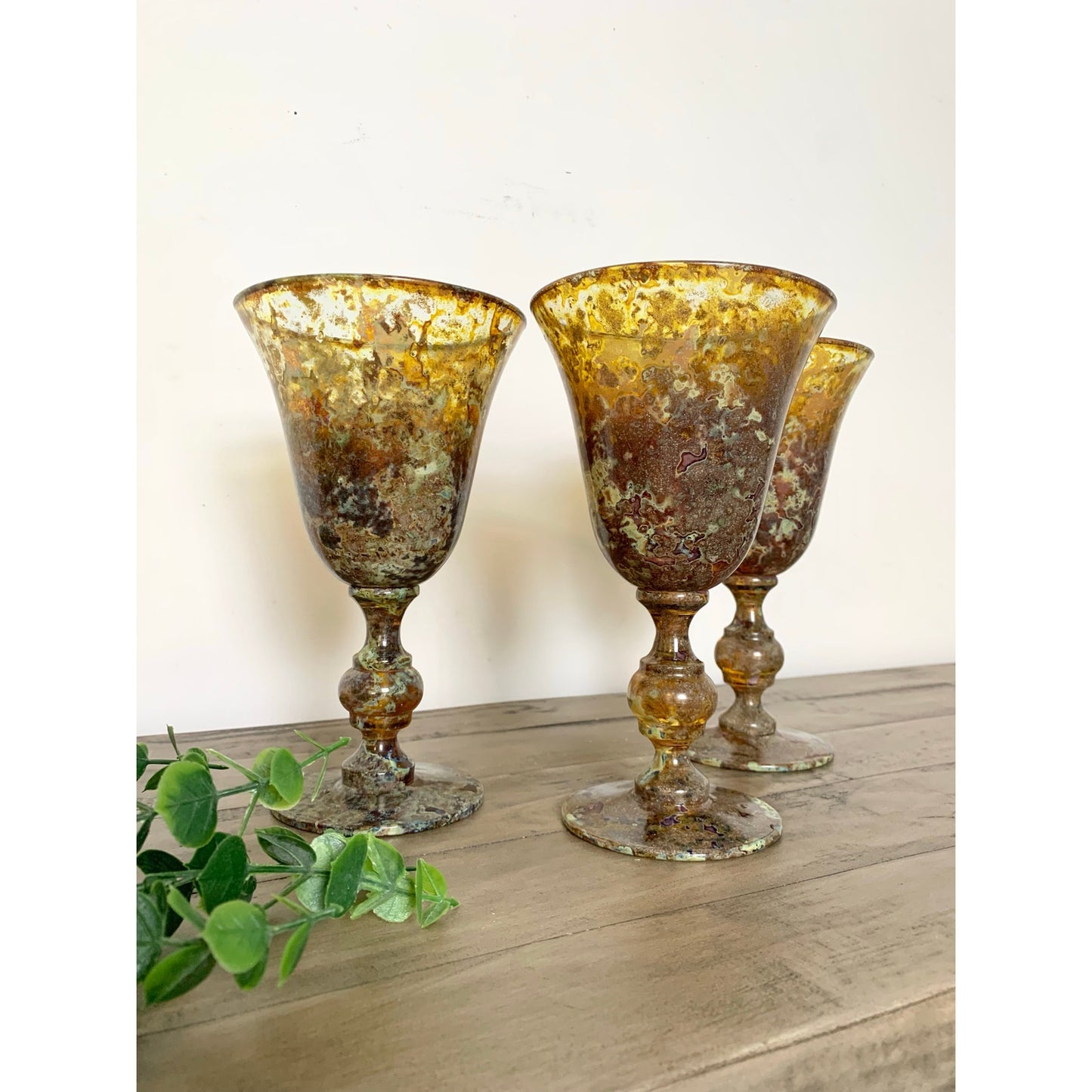 Neiman Marcus Red Moss Agate Goblets Set 3 Vintage Hand Blown Art Glass Poland