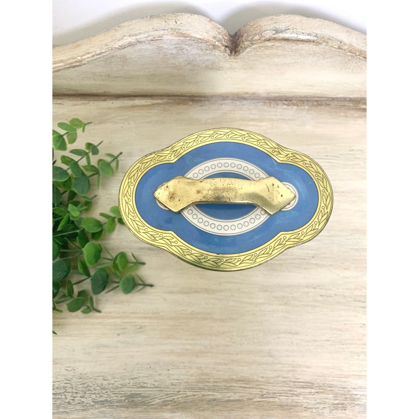 Vintage Tin Canister Murray Allen Grecian Figural Blue Gold Made in England Victorian Style