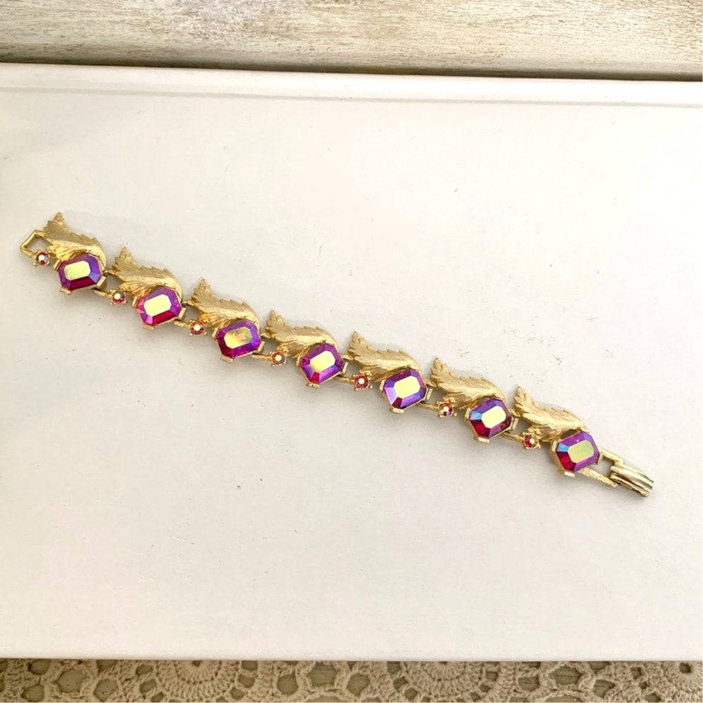 Vintage Pink Aurora Borealis Rhinestone Bracelet Gold Leaf Statement Jewelry Glam