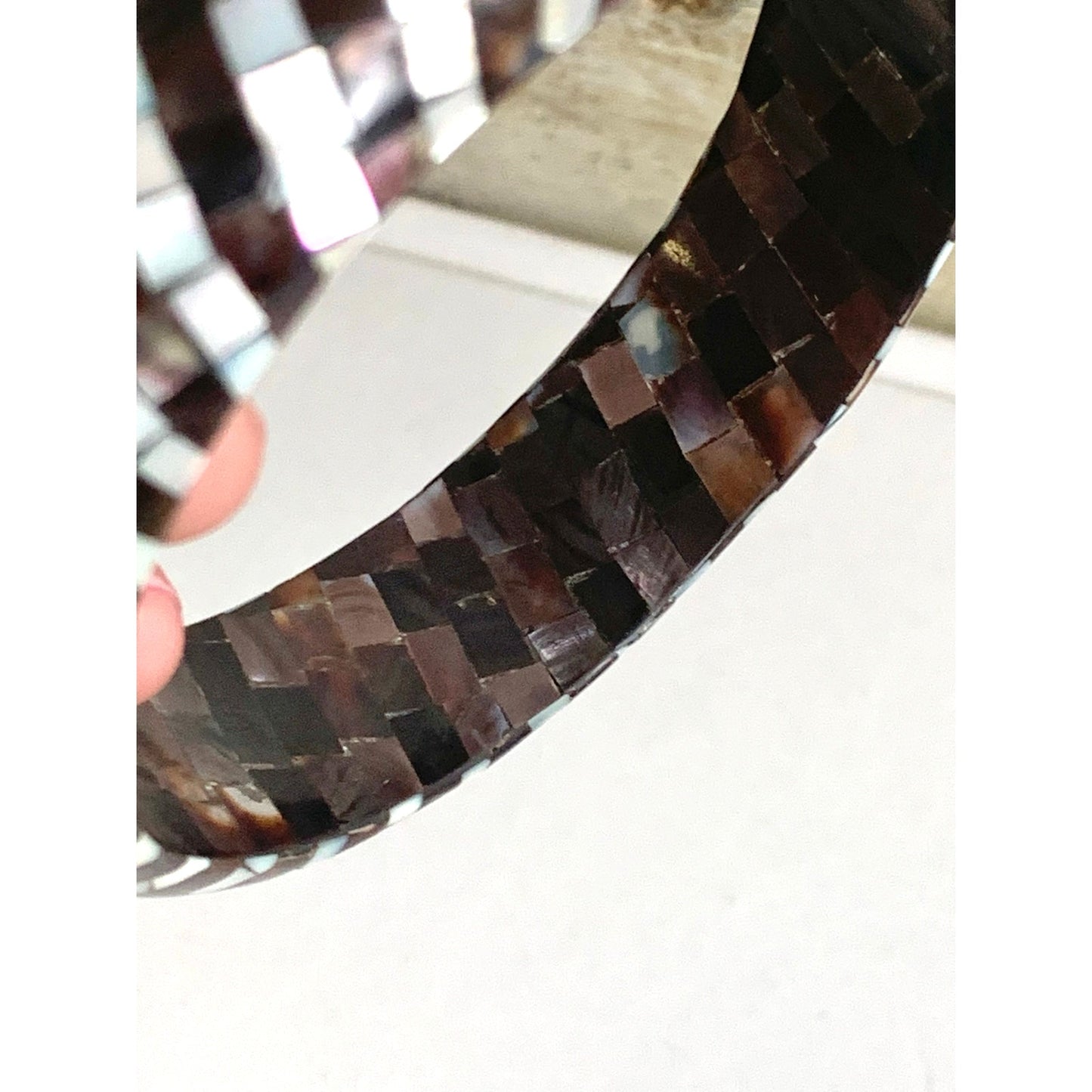 Vintage Mother of Pearl Mosaic Bangle Bracelet White Pink Purple Shell Inlay 8.25