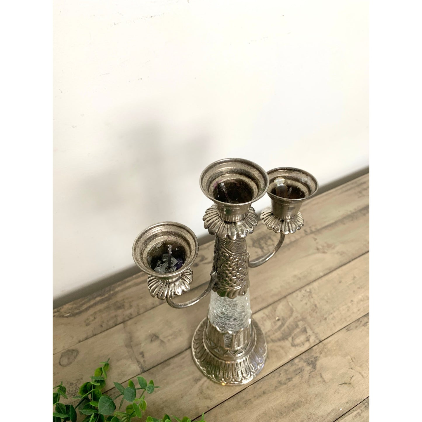 Vintage Ornate Silver Tone Candelabra Crackle Glass Stem Three Arm Candle Holder