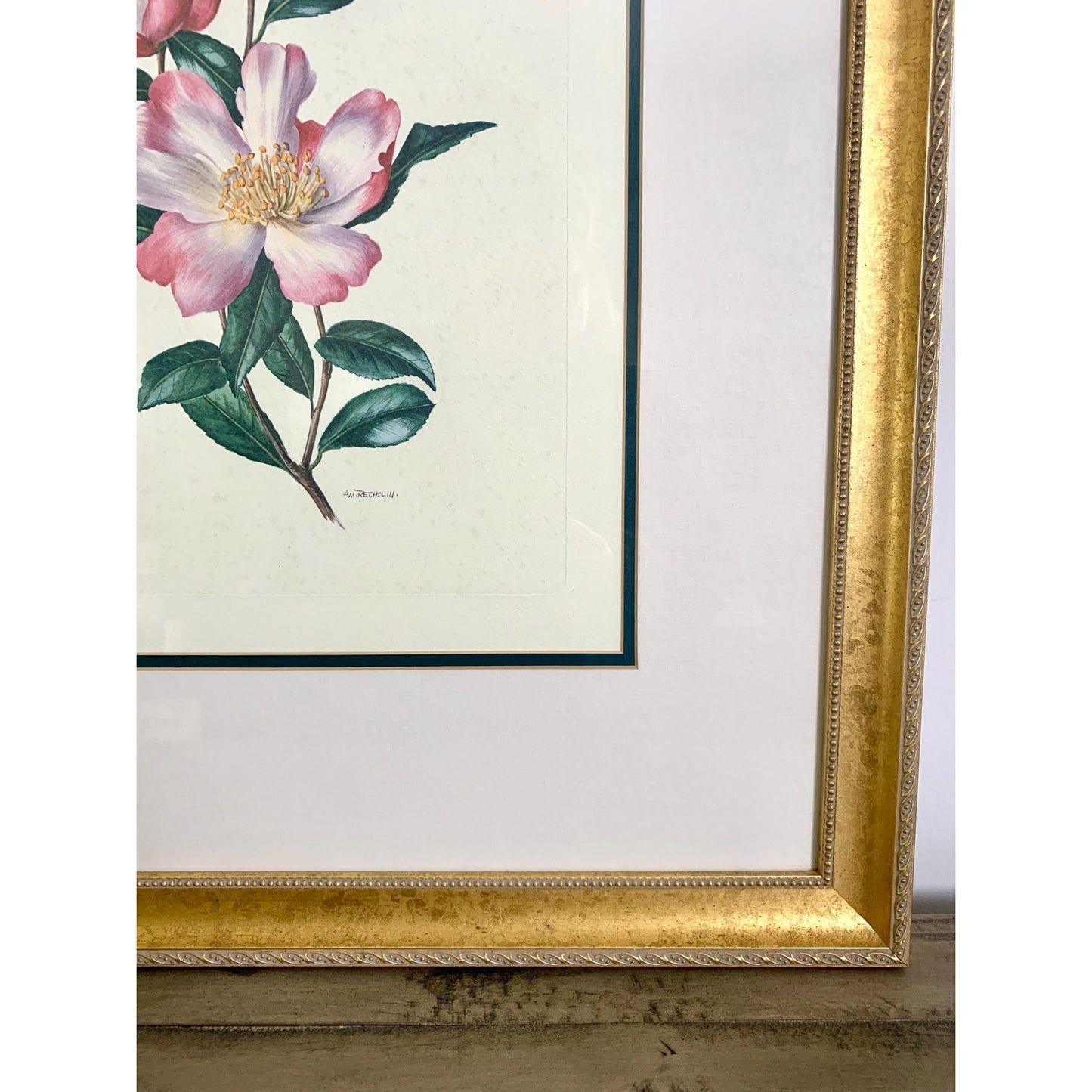 Large Vintage Floral Lithograph Signed by Ann Trechslin, Framed and Matted