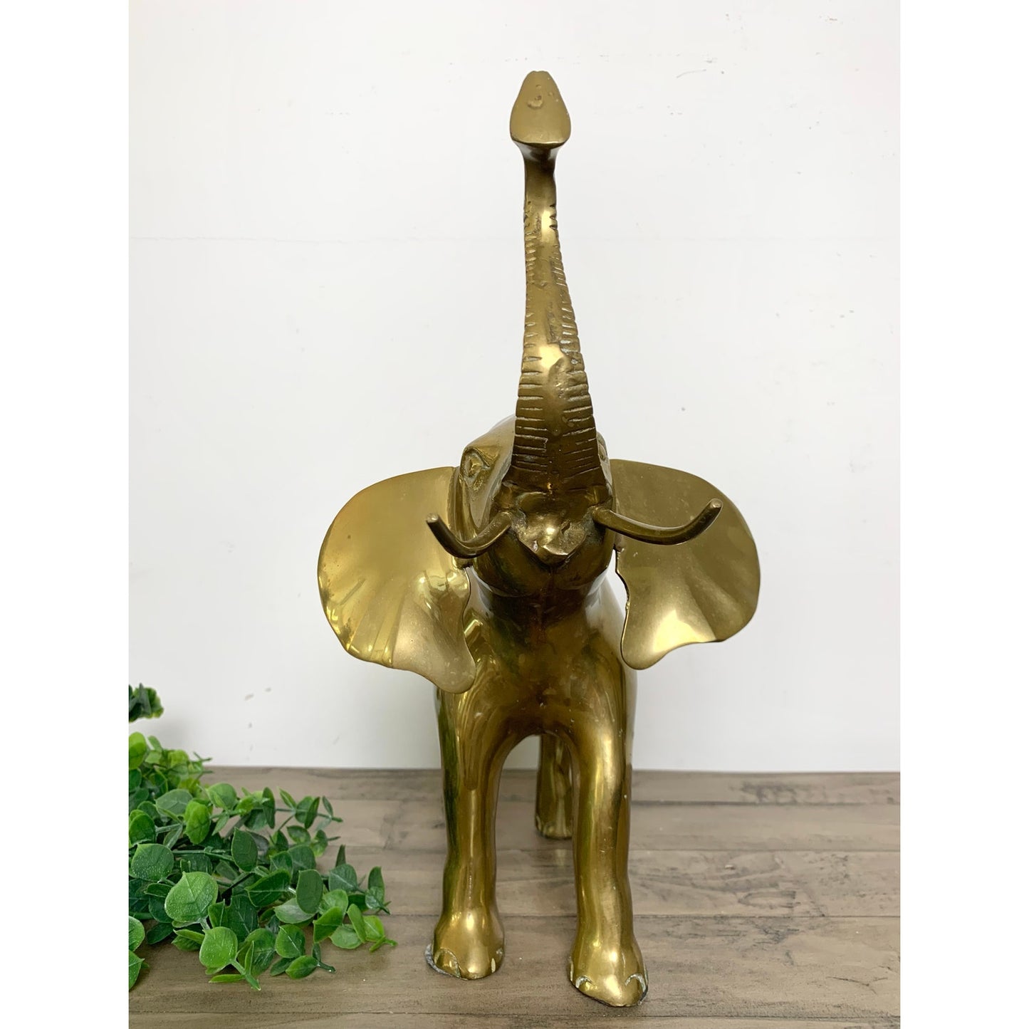 Vintage Solid Brass Elephant Statue with Raised Trunk Mid Century Animal Figure