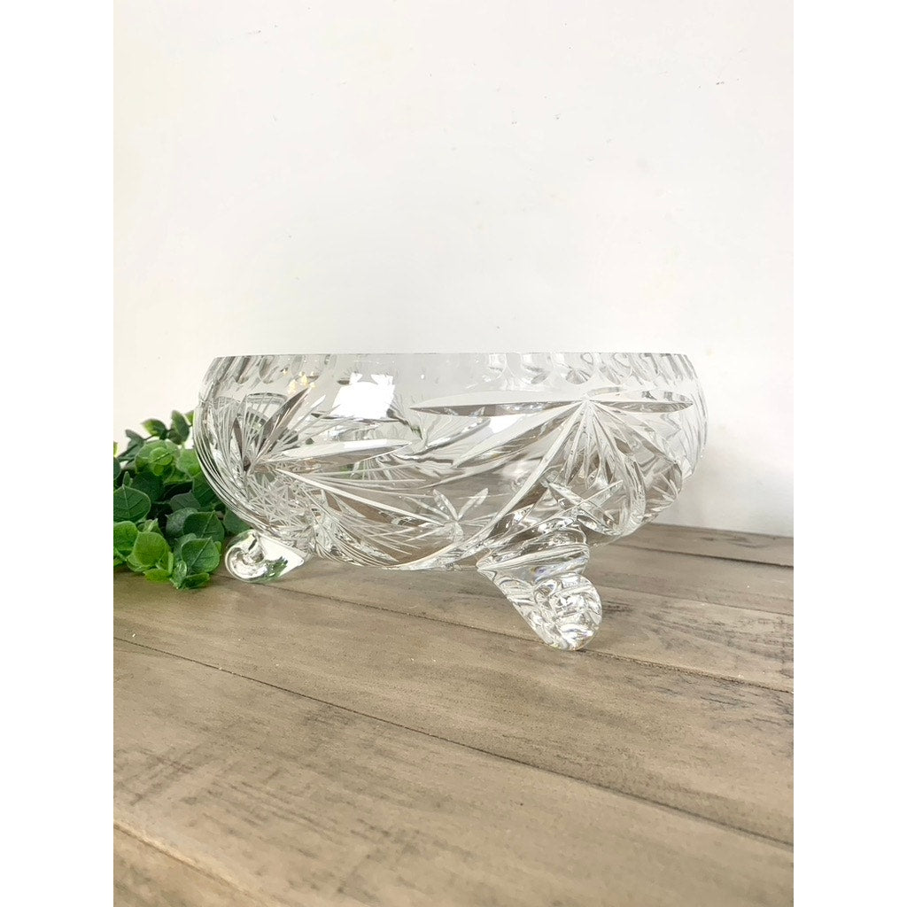 Vintage Cut Crystal Footed Bowl Starburst Centerpiece Vase Fruit Bowl on Three Feet Elegant Serving
