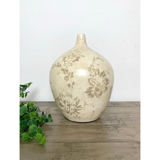 Vintage Pottery Jug Vase with Neutral Floral Stencil Cottagecore Feminine Boho