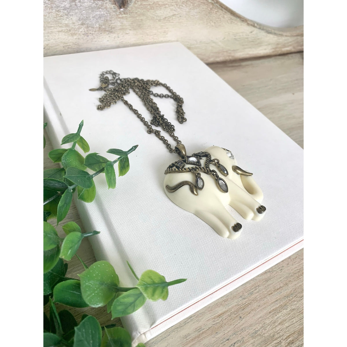 Vintage Avon Elephant Pendant Necklace Cream Resin Rhinestone Saddle Boho