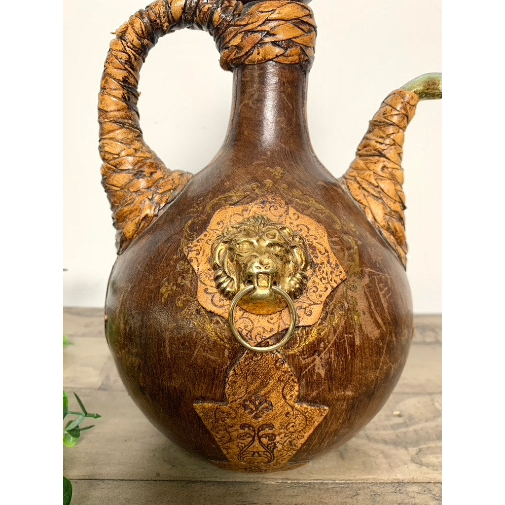 Vintage Italian Leather Lion Head Decanter Bottle Brass Ring Stopper Old Money