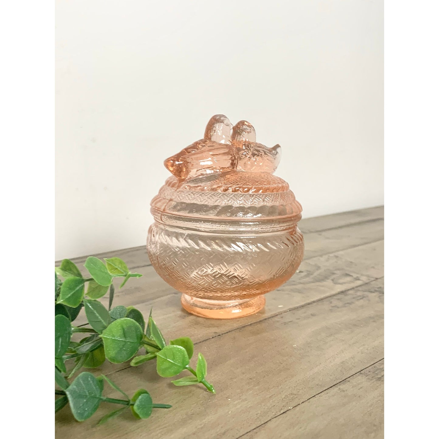 Vintage Pink Depression Glass Lovebirds Covered Candy Dish Romantic Glass Vanity Jar Trinket Box