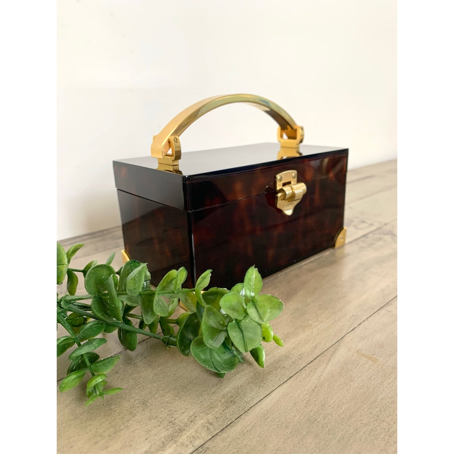 Vintage Saks Fifth Avenue Faux Tortoiseshell Lucite Box Brass Jewelry Storage