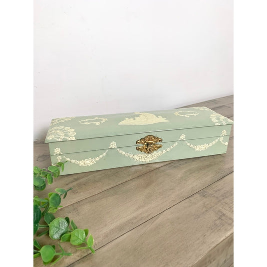 Antique Celluloid Glove Box Green Jewelry Box Figural Dog Relief Romantic Victorian