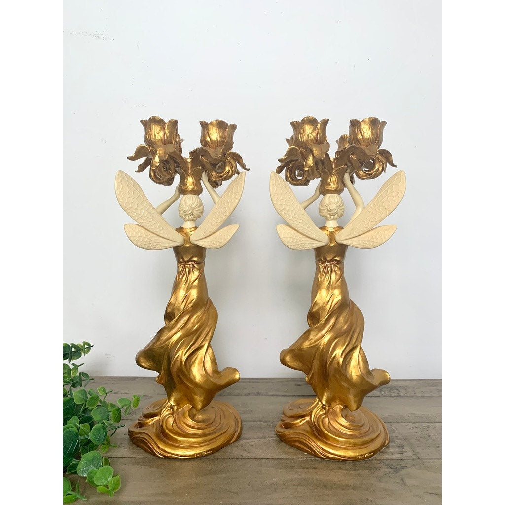 Vintage Art Nouveau Style Winged Women Candelabra Pair Gold Figural Fairy Candle