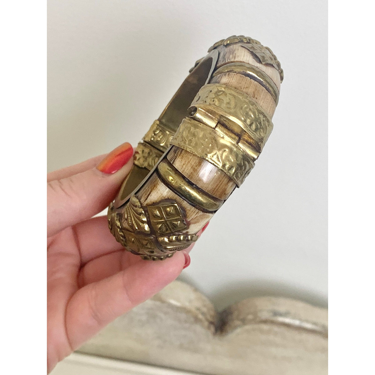 Vintage Camel Bone Bangle Bracelet Brass Overlay Hinged Statement Jewelry
