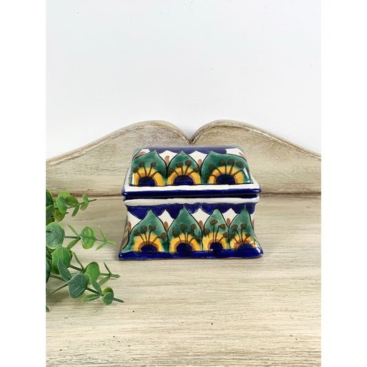 Vintage Mexican Talavera Style Ceramic Lidded Box Hand Painted Pottery Trinket Dish