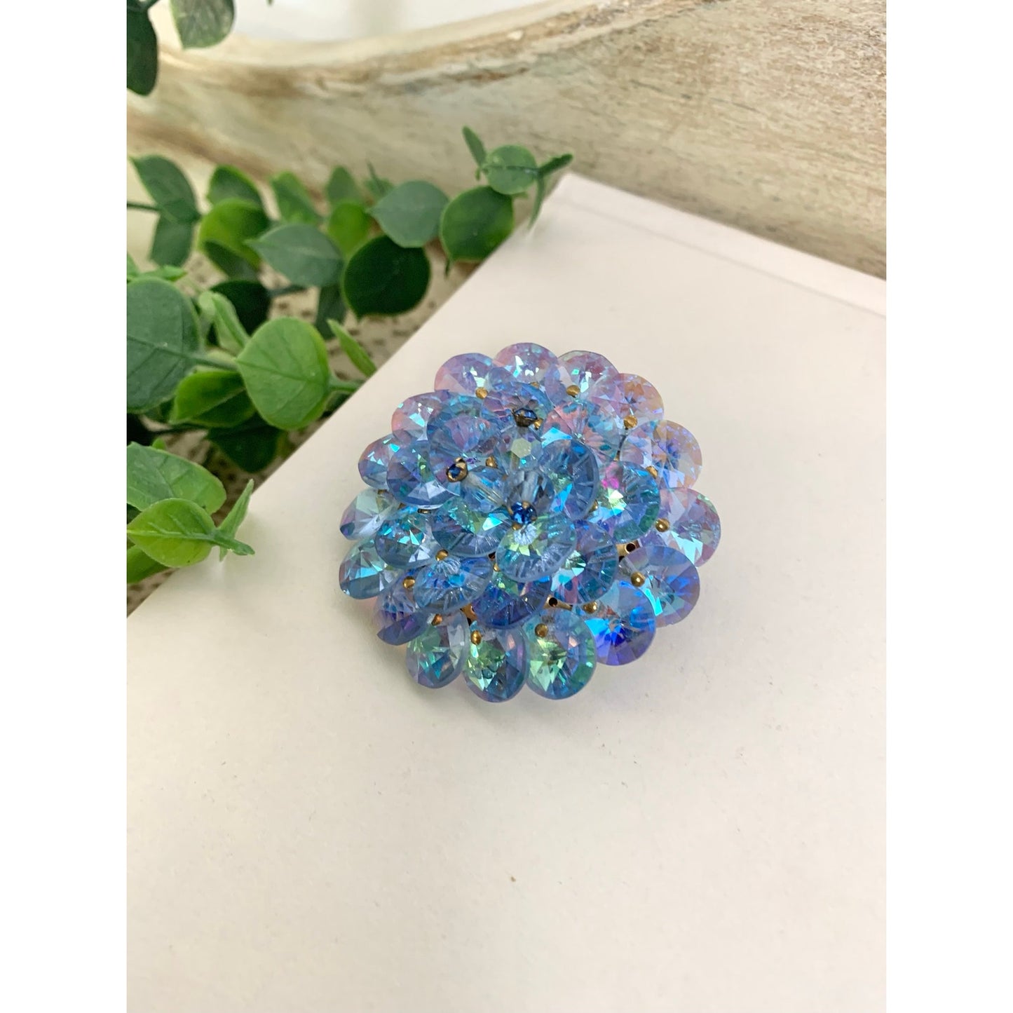 Vintage Aurora Borealis Rhinestone Brooch Blue AB Crystal Statement Pin