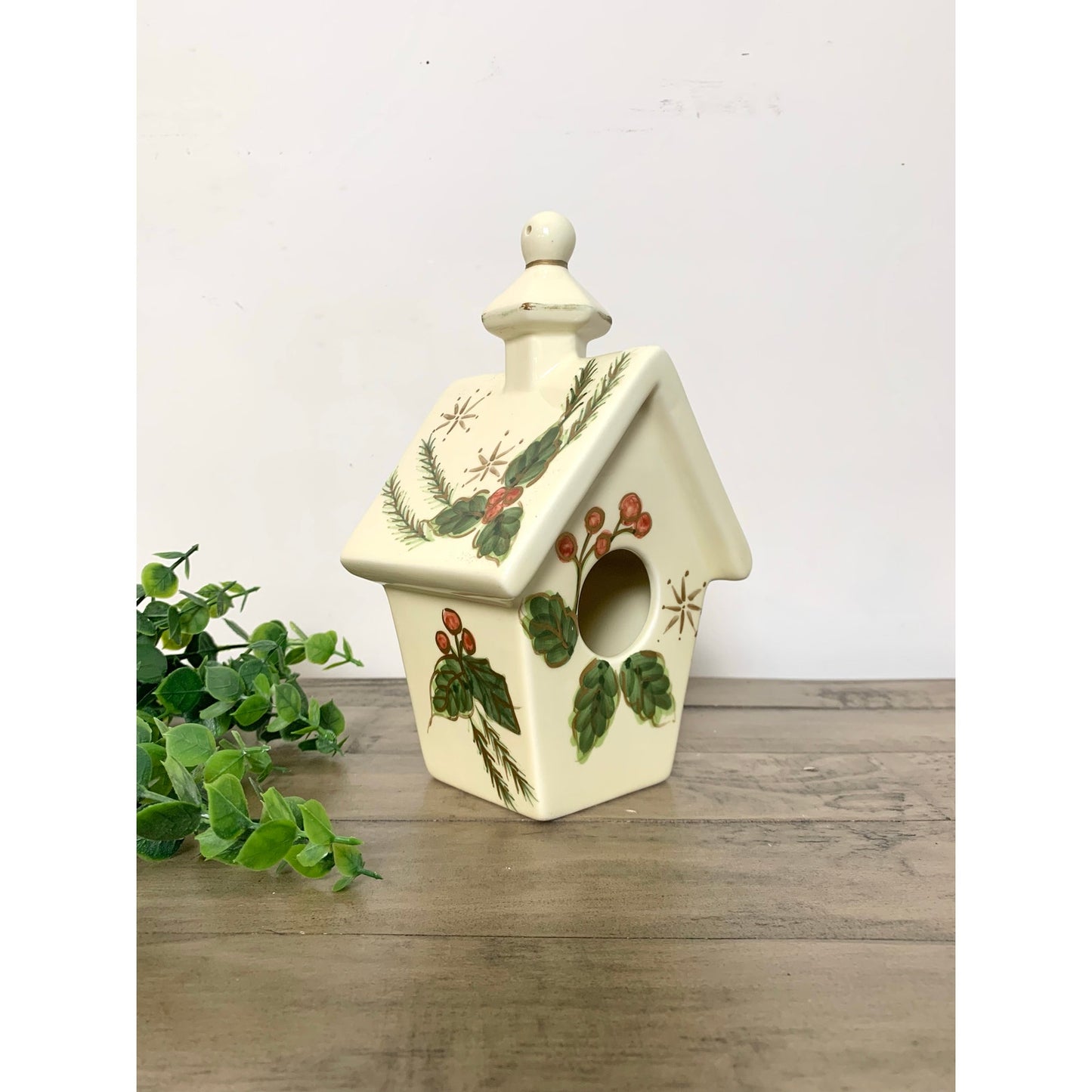 Vintage Ceramic Christmas Birdhouse with Hand Painted Holly and Berry Design Holiday Cottage