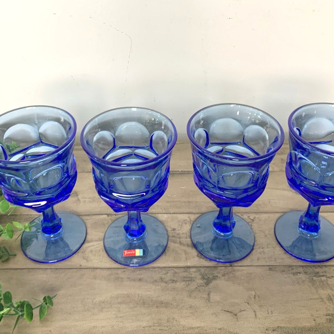 Vintage Fostoria Argus Blue Water Goblets Stem Mid Century Glassware Retro Set 4