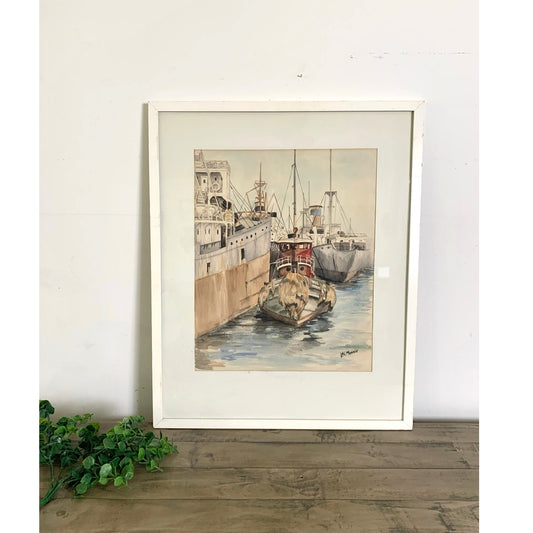 Vintage Original Watercolor Painting Signed, Maritime Harbor Ships Nautical Art