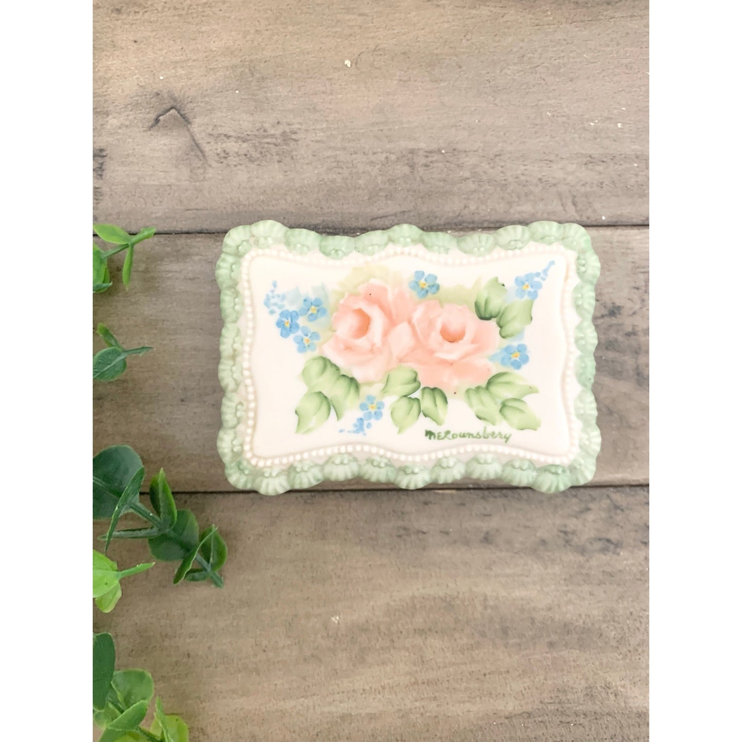 Vintage Hand-Painted Porcelain Trinket Box 1983 Shabby Cottage Pastel Floral Jewelry Box