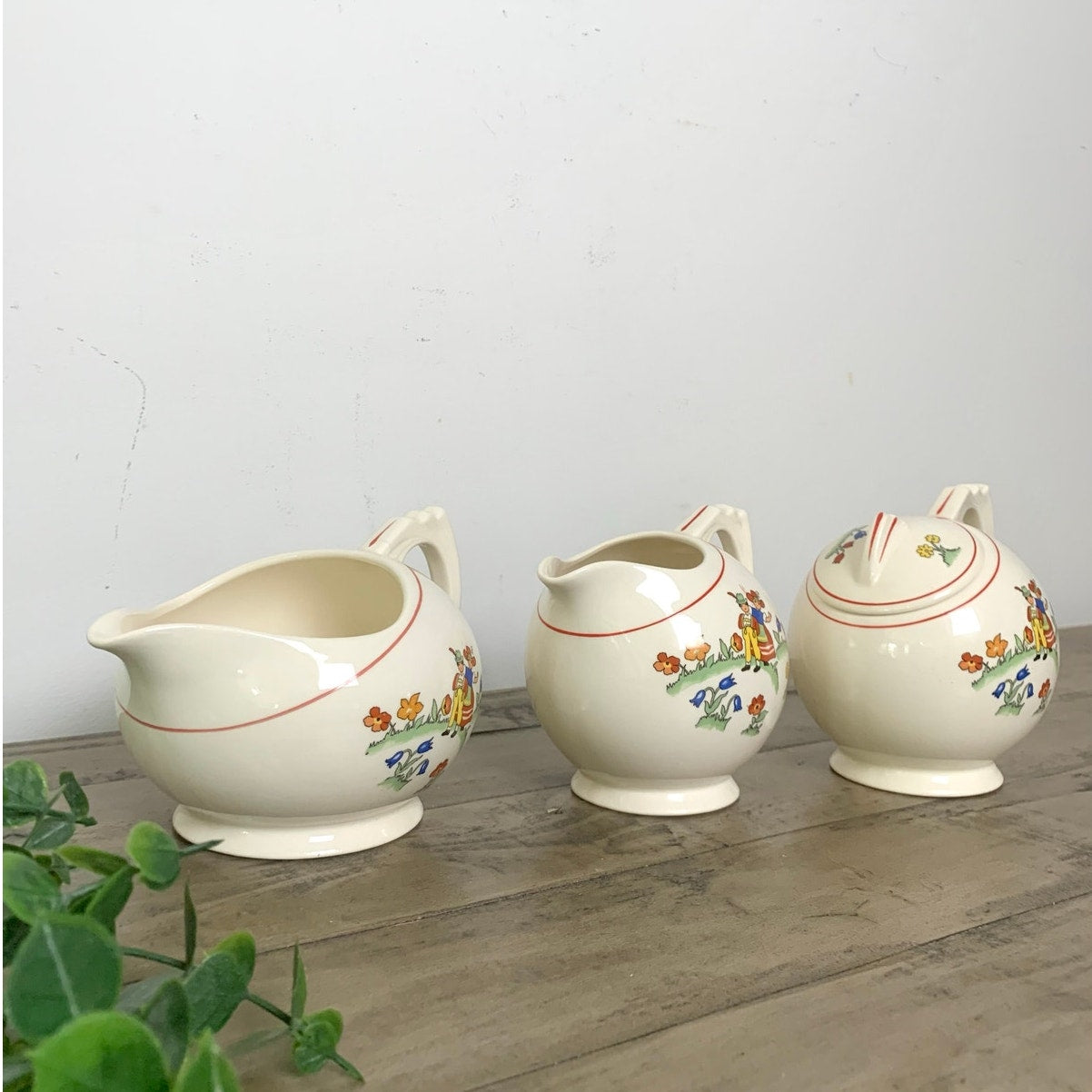 Vintage Crooksville China Co 3pc Creamer & Sugar Set Hand Painted Dutch Children