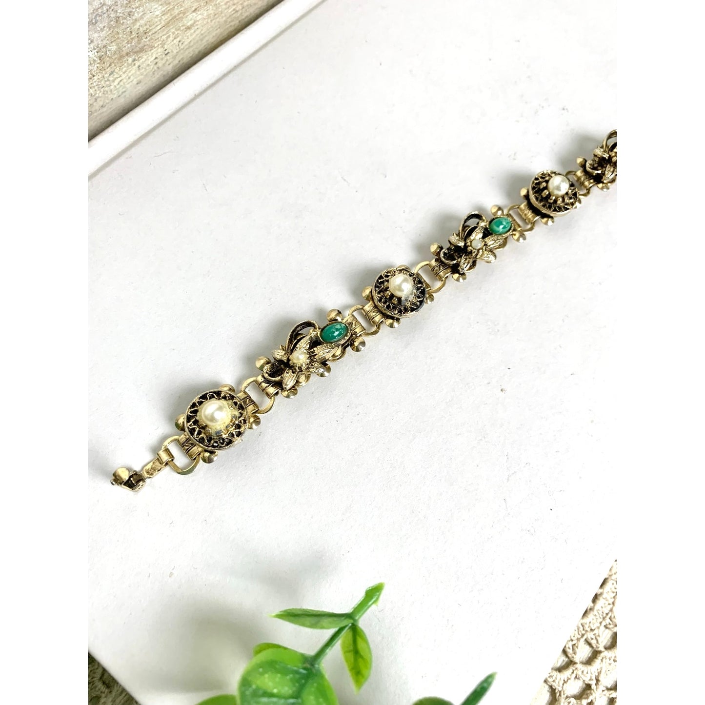 Vintage Victorian Revival Bracelet Goldtone Floral Link Faux Pearl Green Cabochon