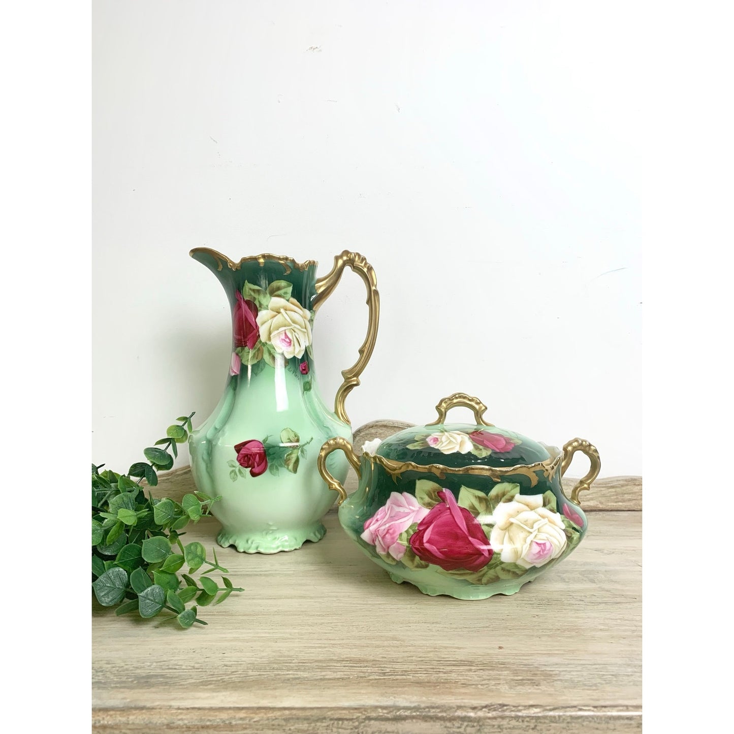 Antique Royal Munich Bavarian Hand Painted Rose Pitcher Ewer Covered Tureen Set
