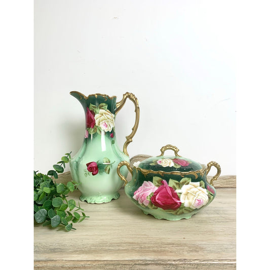 Antique Royal Munich Bavarian Hand Painted Rose Pitcher Ewer Covered Tureen Set