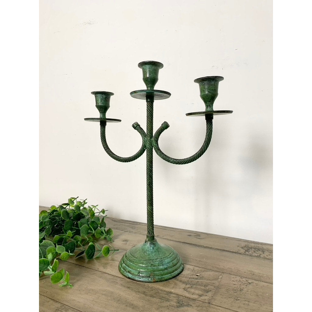 Vintage Verdigris Twisted Metal Candelabra – Green Triple Candle Holder Aged Patina Old World Christmas