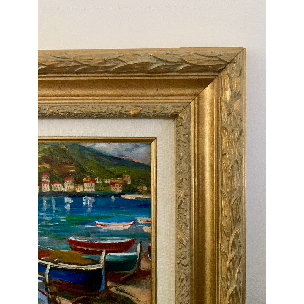 Mediterranean Oil Painting with Boats Signed & Framed