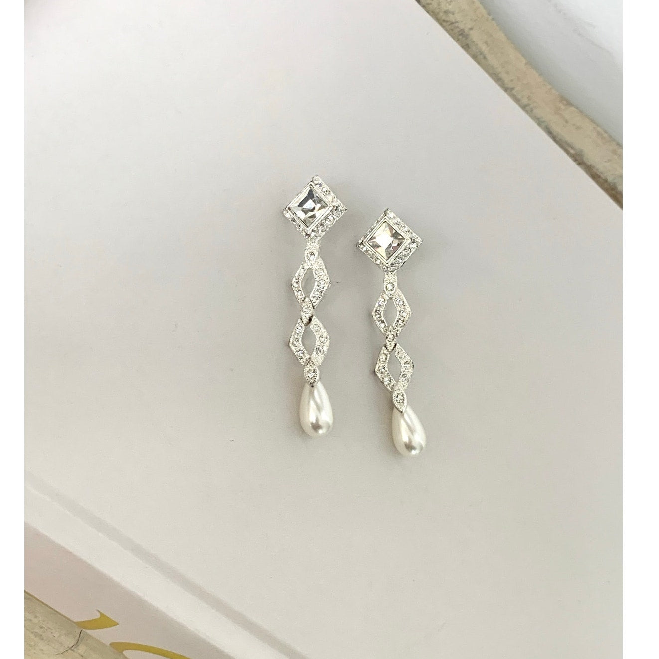 Vintage Silvertone Rhinestone Faux Pearl Drop Earrings Geometric Bridal Dangle