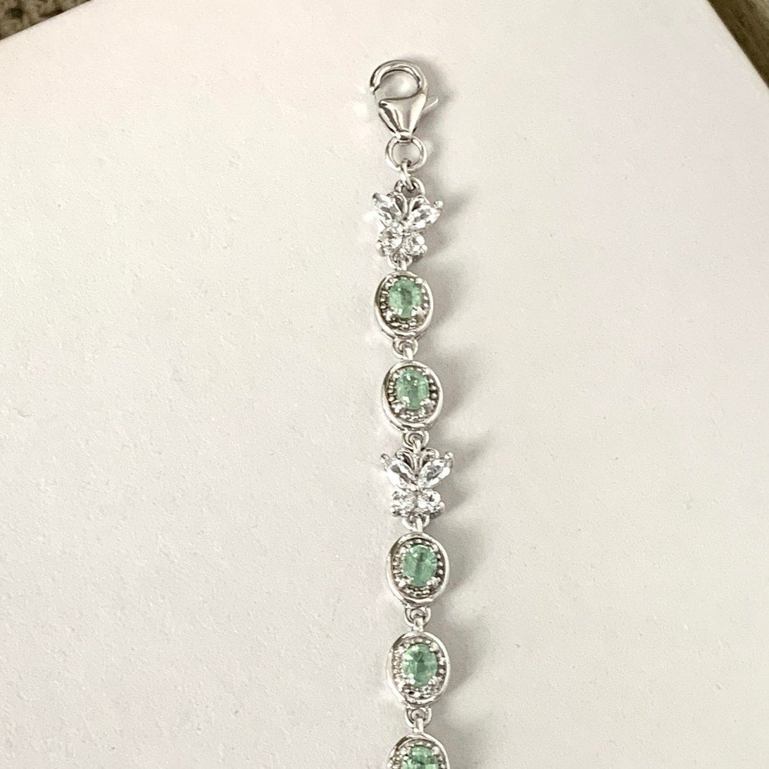 Vintage Sterling Silver Tennis Bracelet Green Stones Butterfly Links 925 Size 7