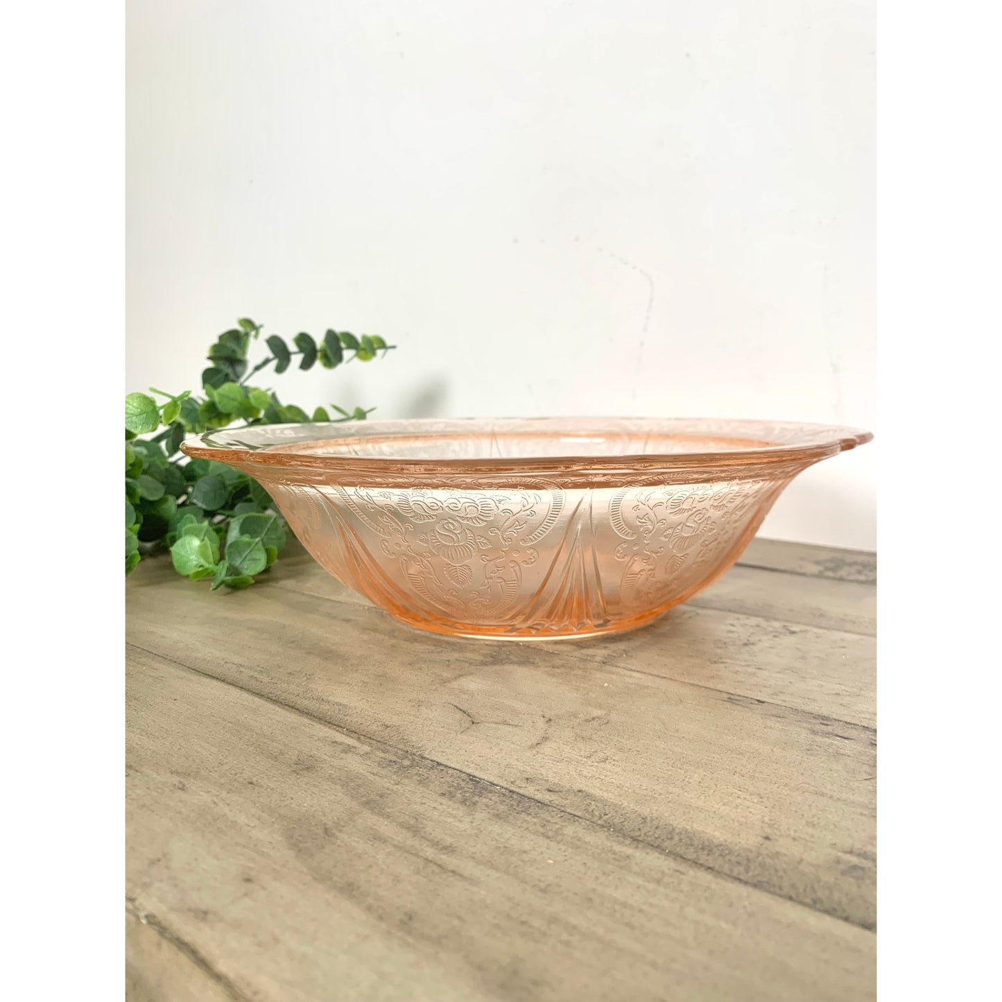 Depression Glass Vintage Pink Serving Bowl Floral Pressed Pattern Scalloped Rim