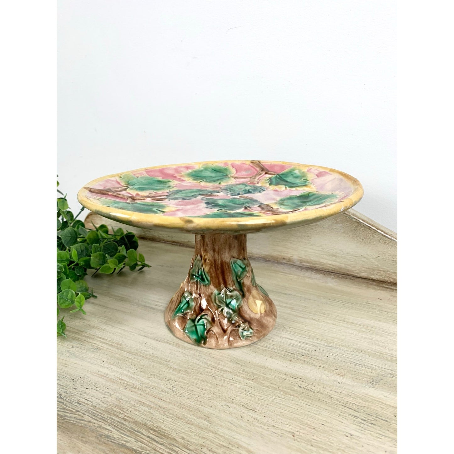 Antique Majolica Pedestal Cake Stand Maple Leaf Compote Etruscan Riser Dessert Victorian Pottery