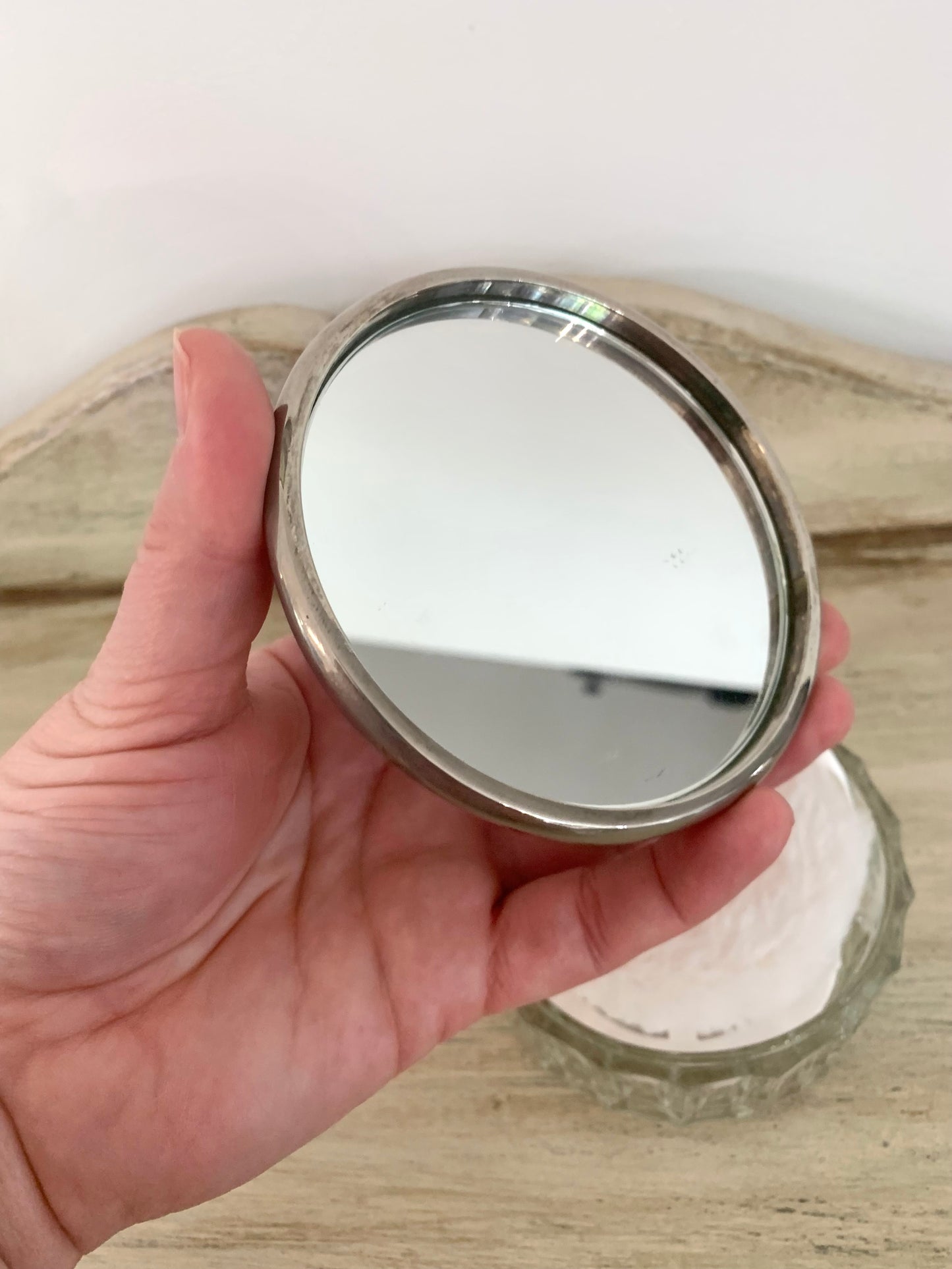 Antique Art Nouveau Vanity Jar with Silverplated Lid, mirror underside