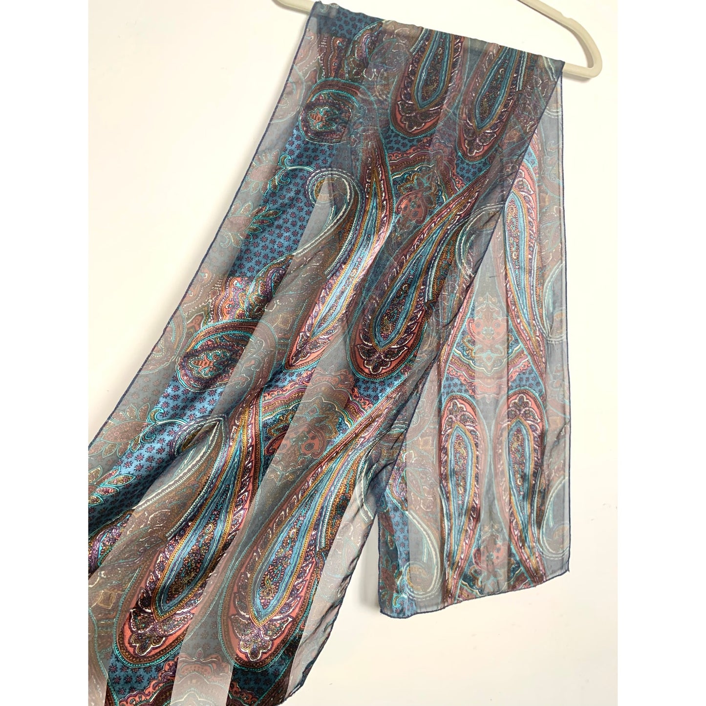 Vintage Sheer Paisley Scarf in Blue Teal and Burgundy Pink Boho Retro Pattern Fall Quiet Luxury