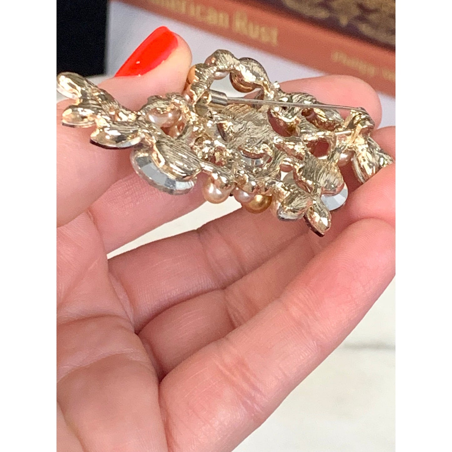 Romantic Rhinestone and Faux Pearl Brooch Multicolor Glass Statement Pin