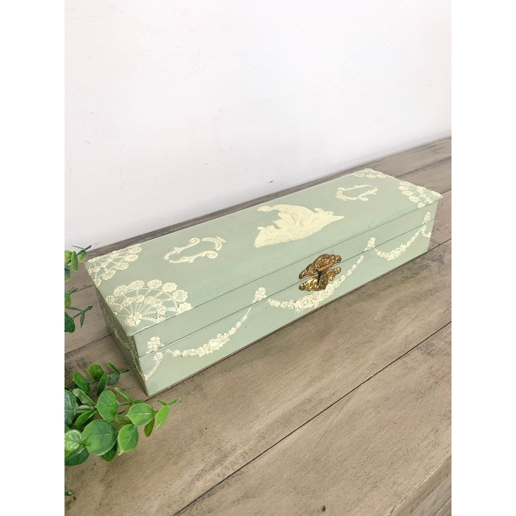 Antique Celluloid Glove Box Green Jewelry Box Figural Dog Relief Romantic Victorian