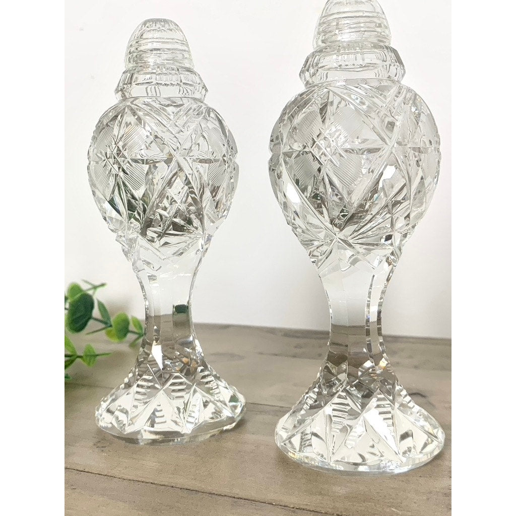 Vintage Cut Crystal Salt & Pepper Shakers Faceted Pedestal Pair with Starburst Pattern