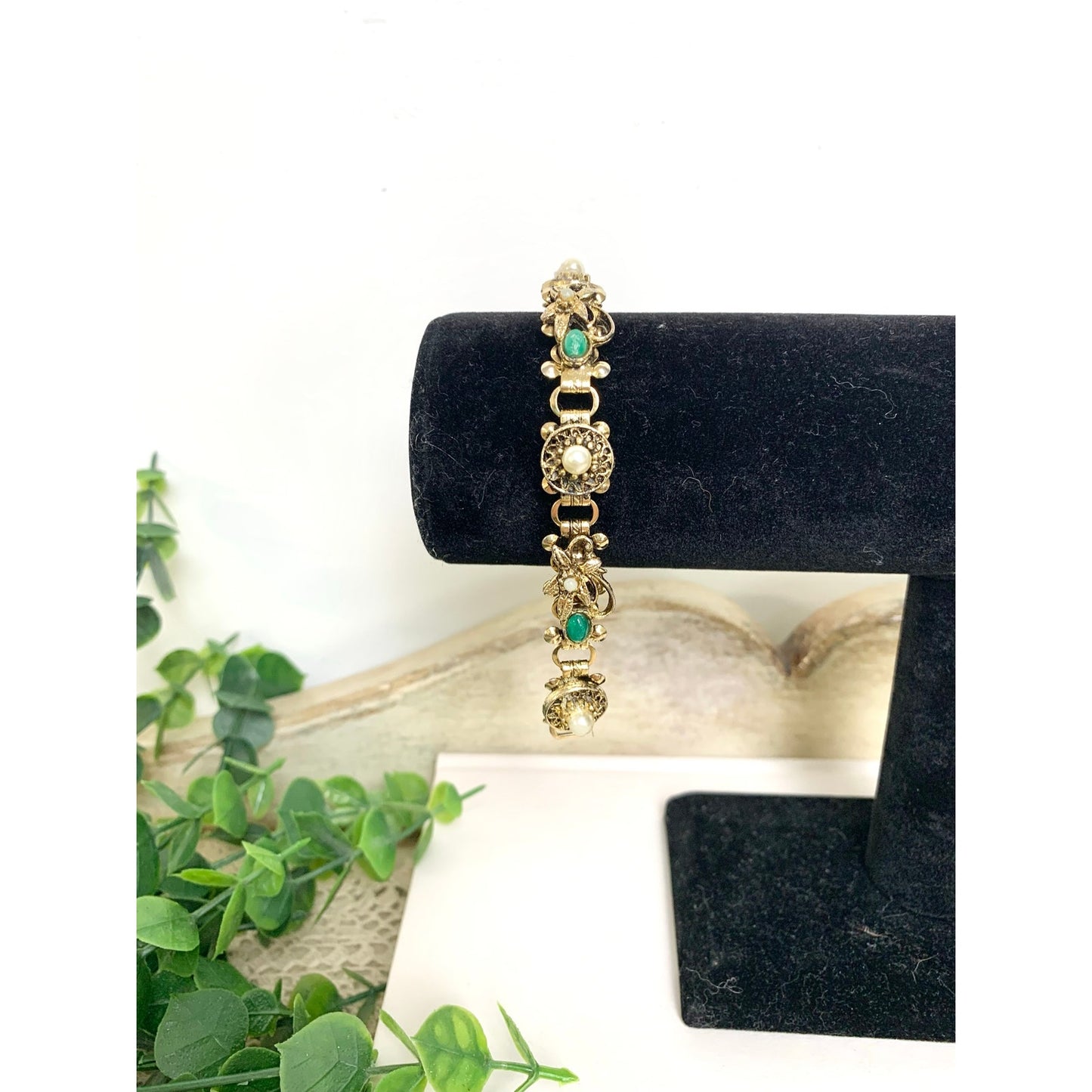 Vintage Victorian Revival Bracelet Goldtone Floral Link Faux Pearl Green Cabochon