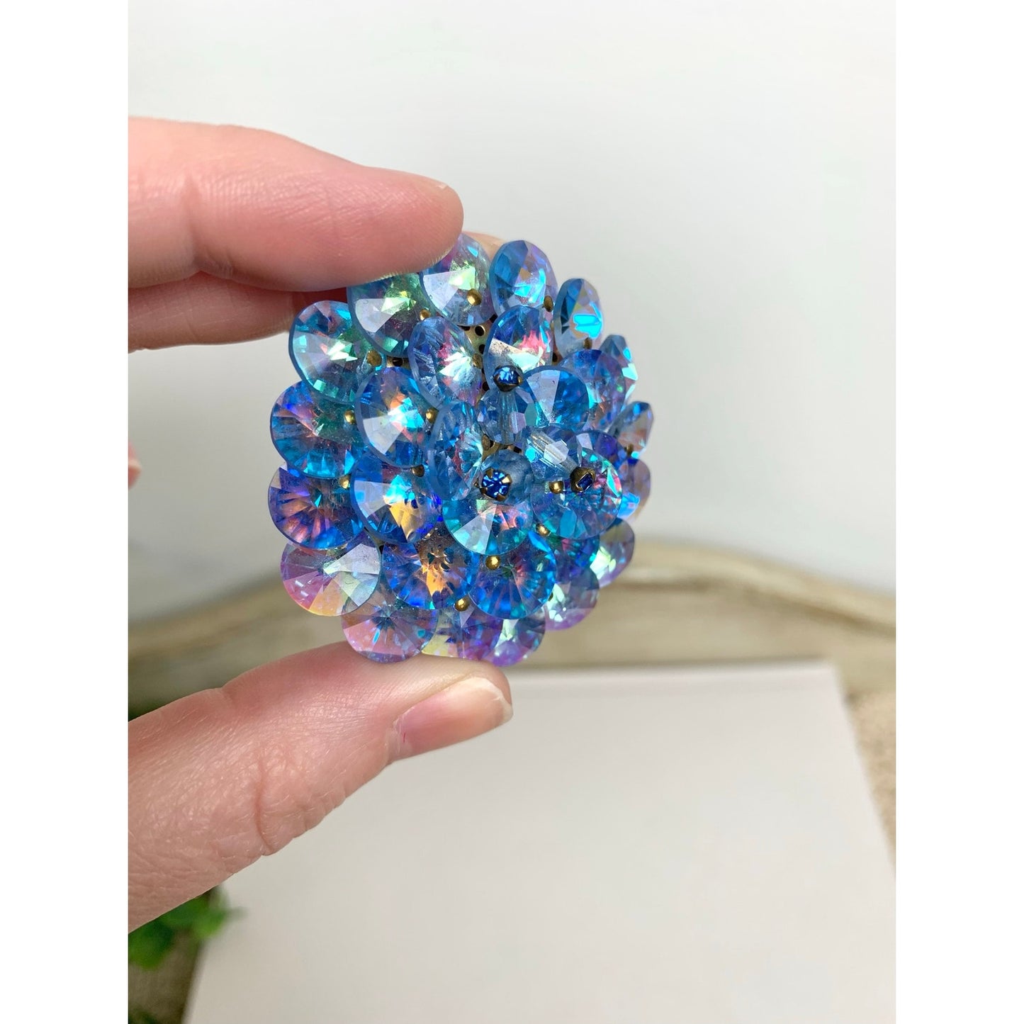 Vintage Aurora Borealis Rhinestone Brooch Blue AB Crystal Statement Pin