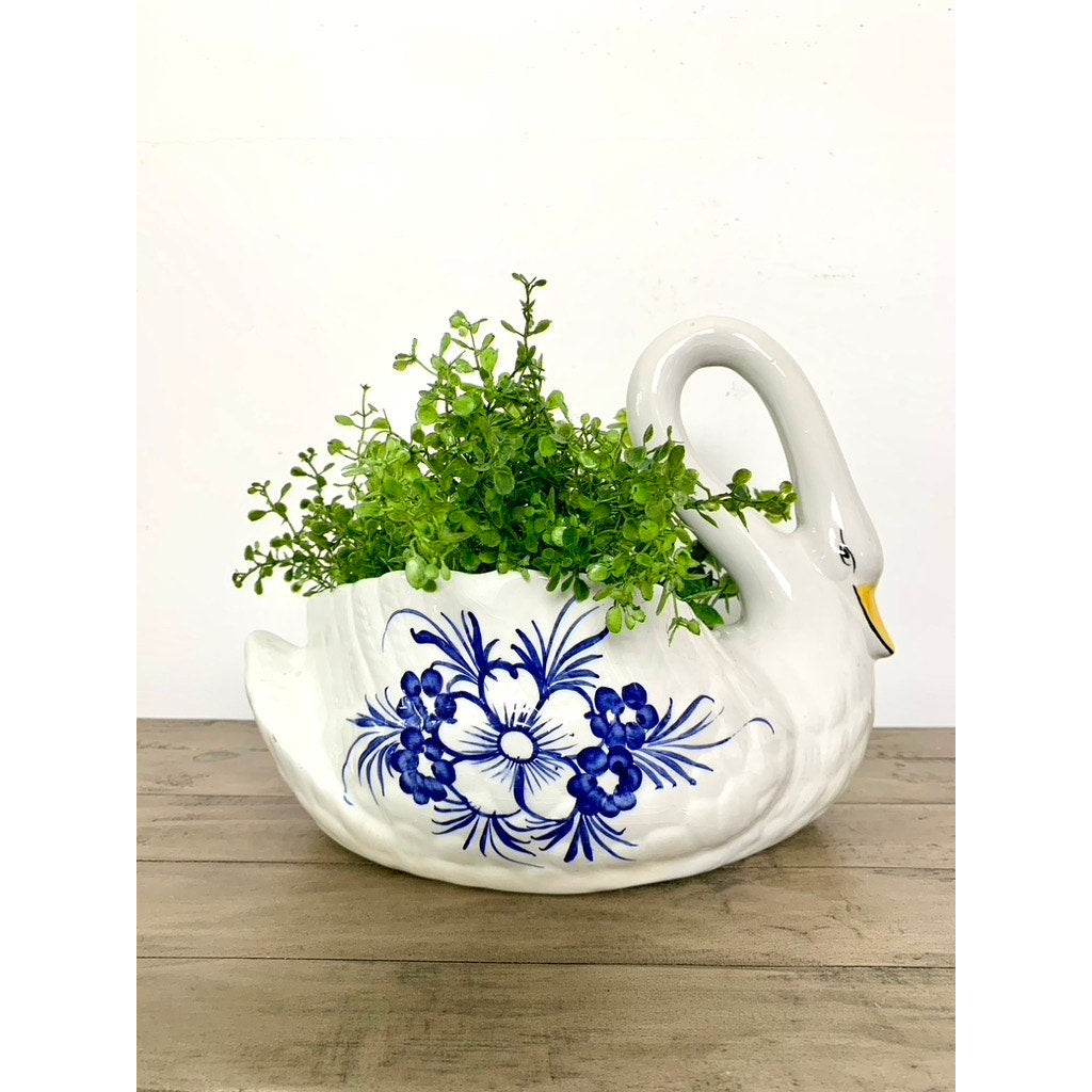 Vintage Portuguese Hand-Painted Ceramic Large Swan Planter Blue & White Cottage