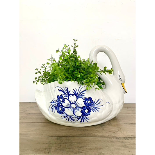 Vintage Portuguese Hand-Painted Ceramic Large Swan Planter Blue & White Cottage