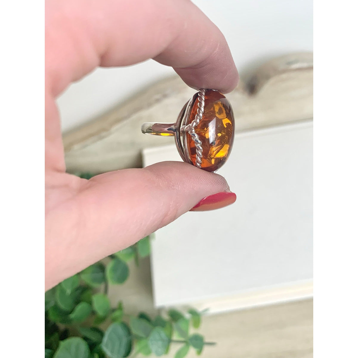 Vintage Sterling Silver Amber Ring Adjustable Oval Statement Jewelry Boho Southwestern