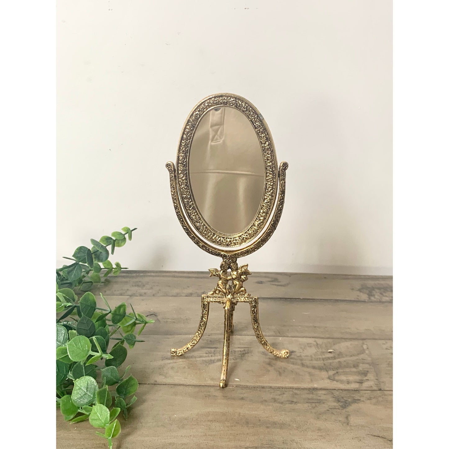 Vintage Gold Metal Tabletop Vanity Mirror Ornate Cherub Hollywood Regency Gilt