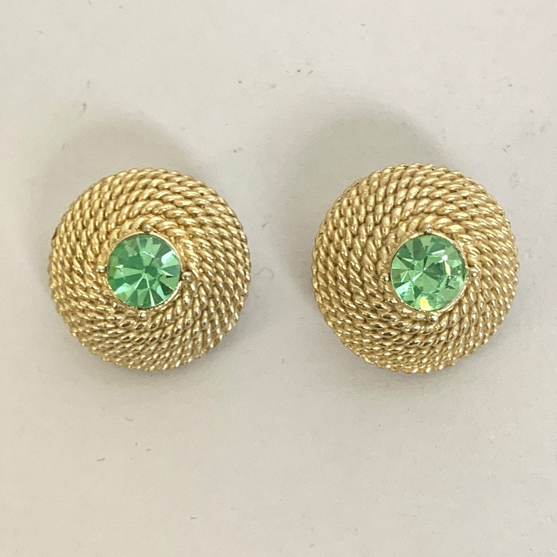 Vintage Gold Tone Clip On Earrings Green Rhinestone Textured Retro Statement