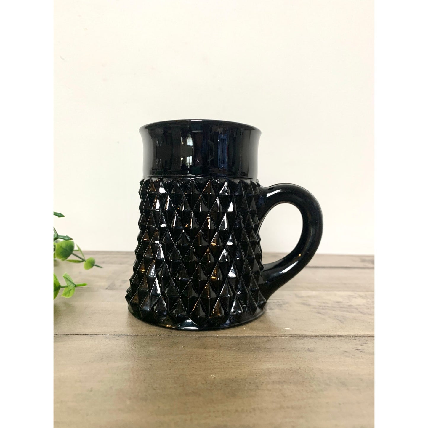 Vintage Indiana Glass Tiara Black Glass Mug with Diamond Point Mid Century Modern Coffee Cup Retro