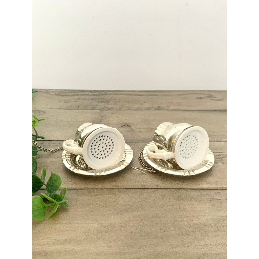 Vintage Silverplate Tea Infuser Set Mini Teapot Tea Strainers with Drip Trays