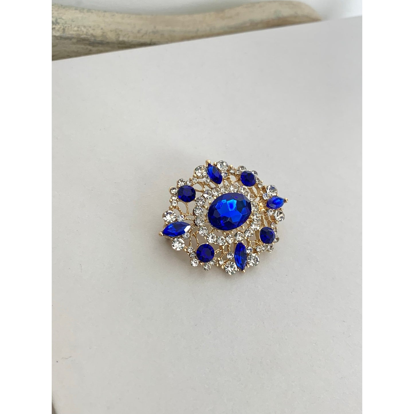 Blue Glass Rhinestone Statement Brooch Goldtone Clear Accents Romantic Vintage Style