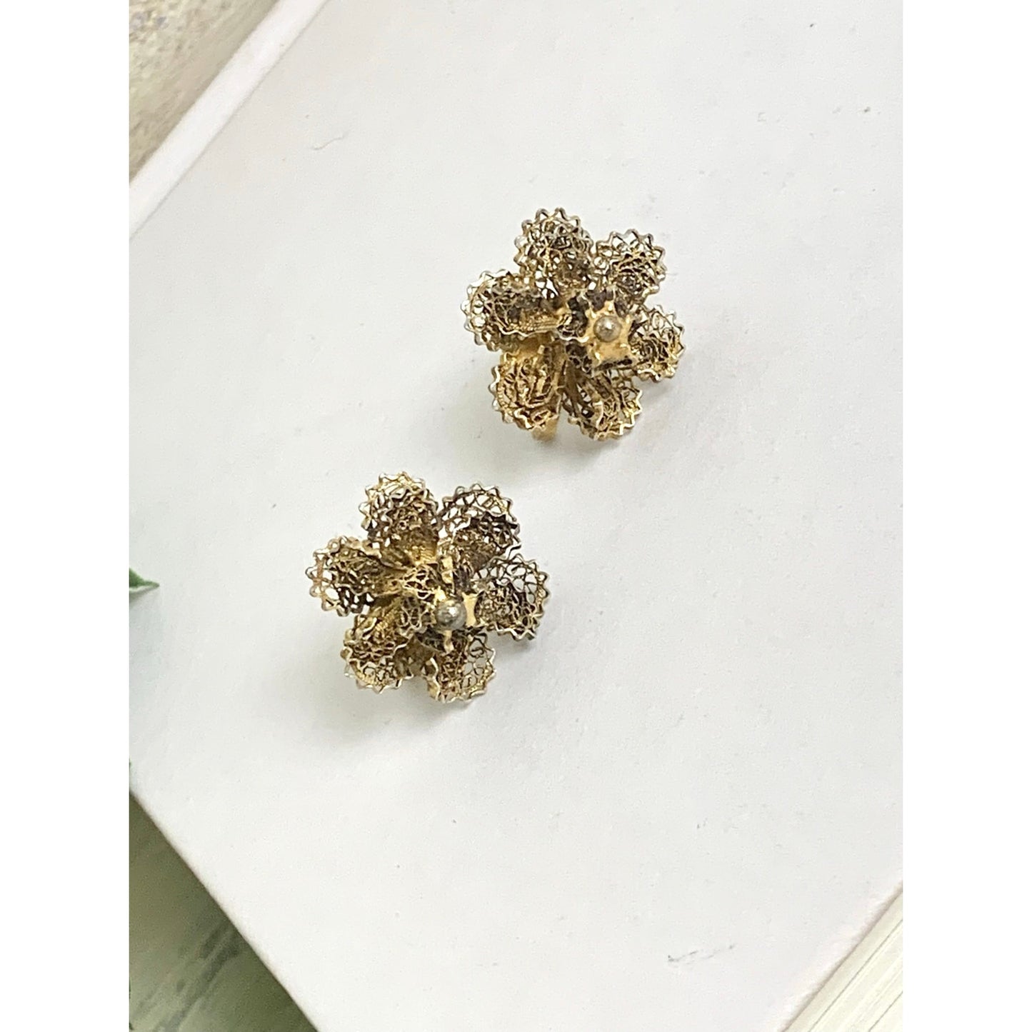 Vintage Goldtone Filigree Flower Screw Back Earrings Mid Century Romantic Feminine